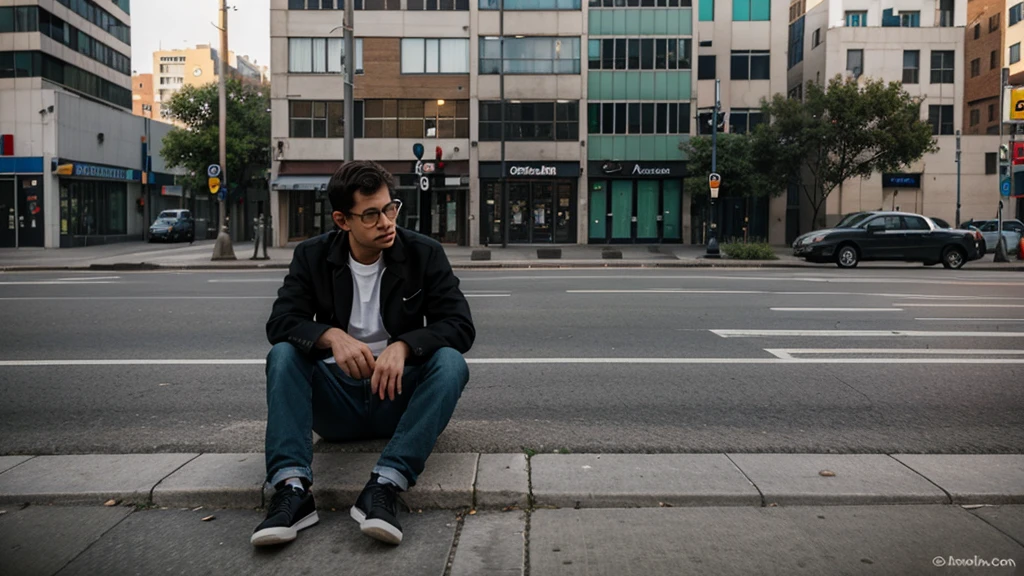 Draw a lone man sitting on a curb in an empty city