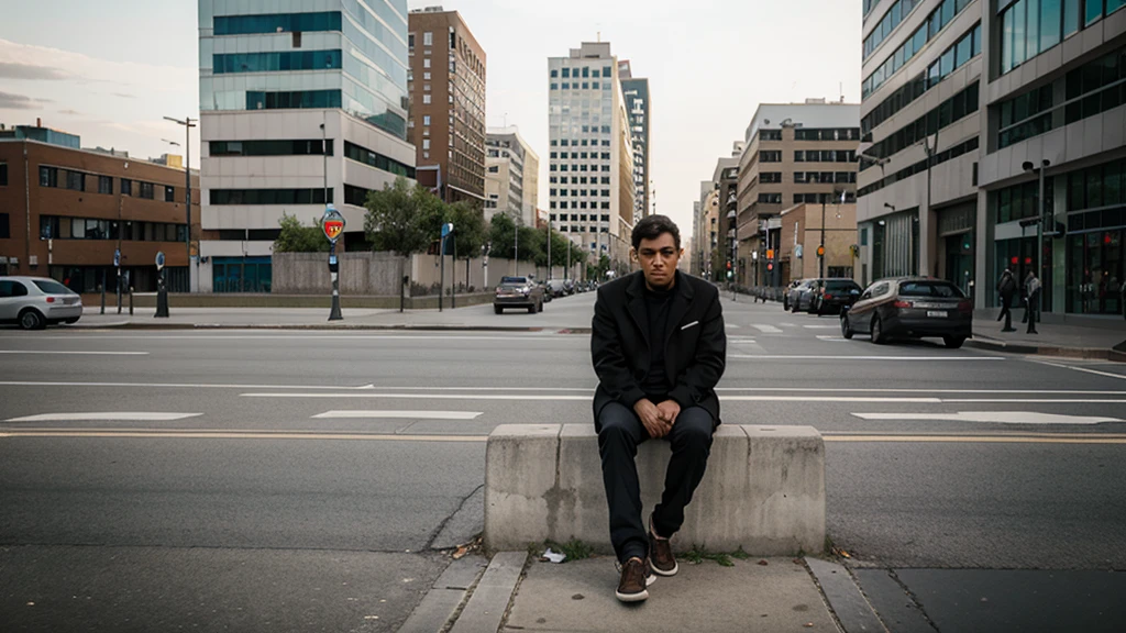 Draw a lone man sitting on a curb in an empty city