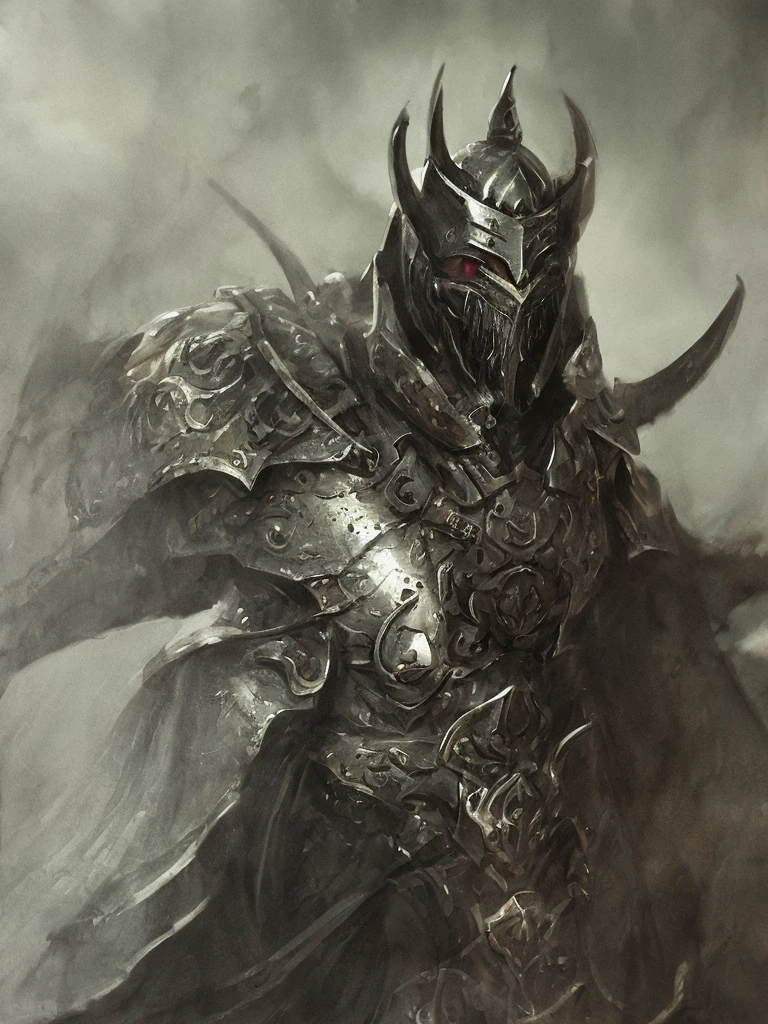Close-up of a handsome but creepy knight from hell, on a battlefield, wearing intricate dark armor, horror concept art, dark fairytale atmosphere, Johan Grenier style, Alyssa Monks style