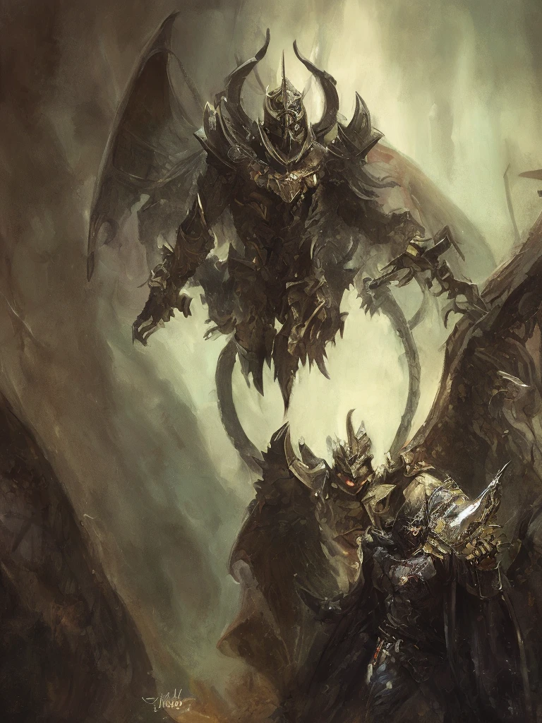 Close-up of a handsome but creepy knight from hell, on a battlefield, wearing intricate dark armor, horror concept art, dark fairytale atmosphere, Johan Grenier style, Alyssa Monks style