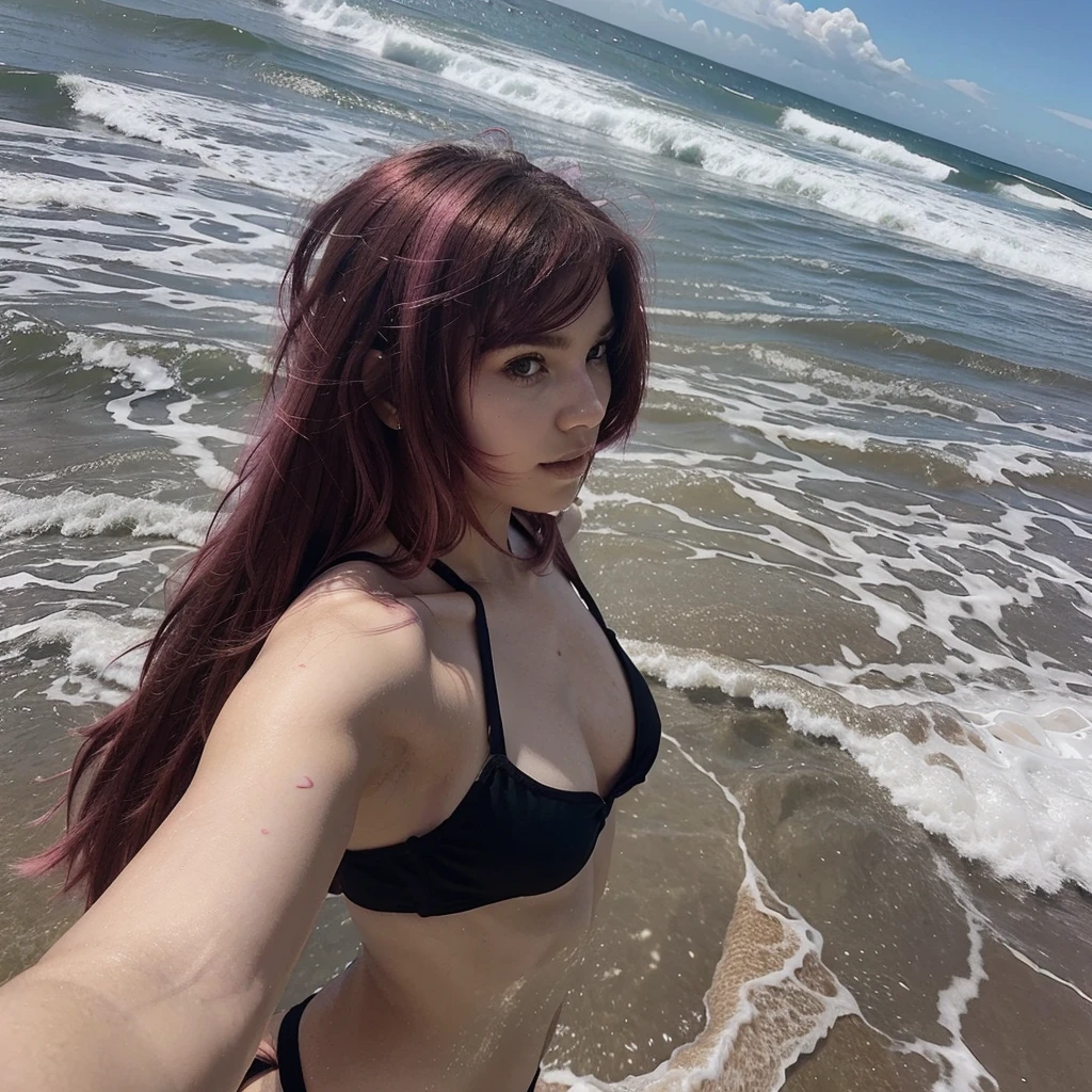 girl 21 years old, short shoulder-length pink hair, pink hair, bikini outfit, black bikini. Take a selfi