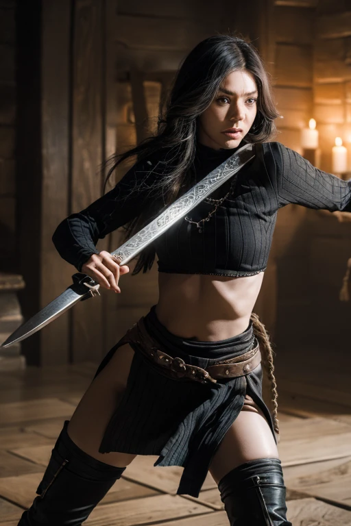 A black-haired girl wears viking helmet wields the Heavy Thrusting Swords from within the Elden Ring in a reverse grip.