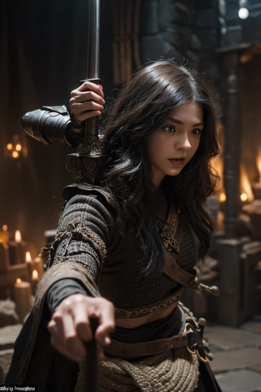 A black-haired girl wears viking helmet wields the Heavy Thrusting Swords from within the Elden Ring in a reverse grip.