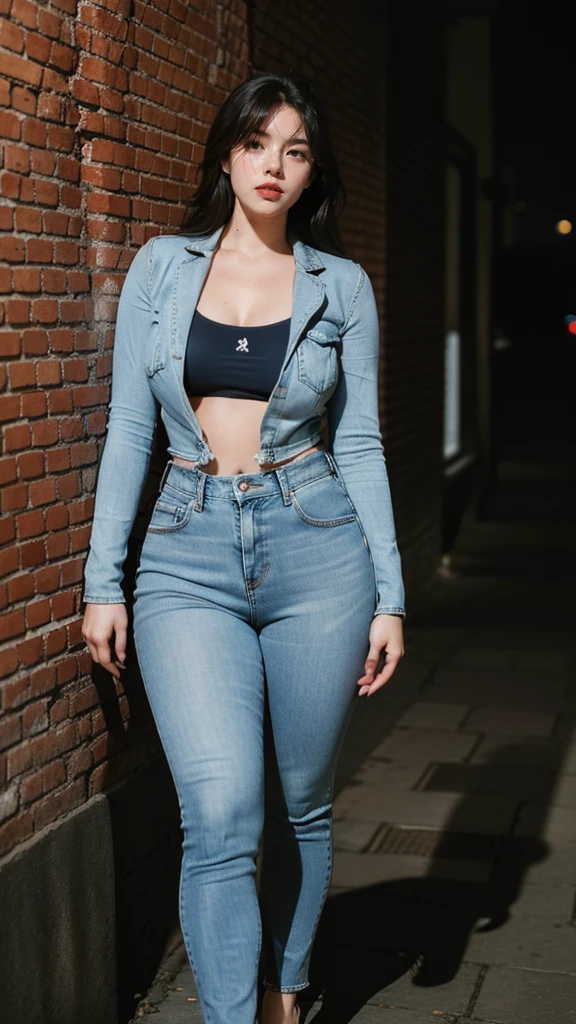 The light is dim,Wearing light blue skinny denim shorts,Red suit,Plump buttocks,Pear-shaped body,fully body photo,Gray brick walls,In the moonlit alleys at night,With black sunglasses,Classic art photographs,with details,There are close-ups,bikini