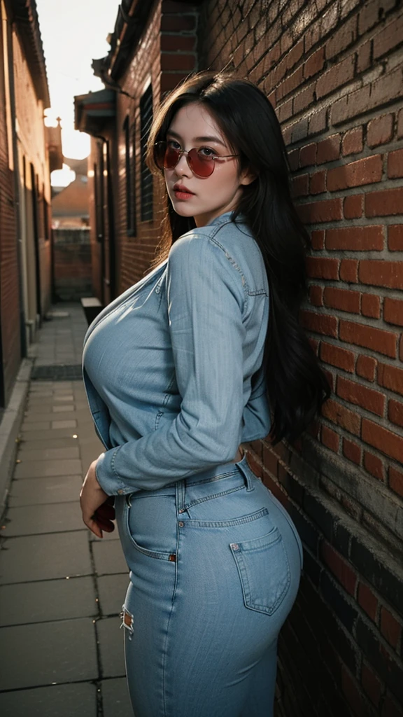 The light is dim,Wearing light blue skinny denim shorts,Red suit,Plump buttocks,Pear-shaped body,fully body photo,Gray brick walls,In the moonlit alleys at night,With black sunglasses,Classic art photographs,with details,There are close-ups,bikini