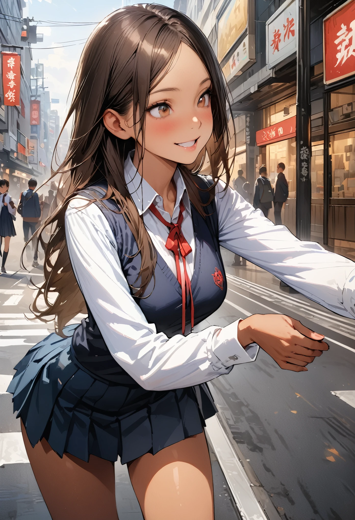 ((masterpiece,Highest quality:1.3,best quality illustration,realistic:1.4)),cowboy shot,独奏,1woman,(18-year-old、Japanese Beauty)、brown hair,long hair,(center parted bangs),brown eyes,gorgeous eyes,((very small head:1.3)),smile,,((very long body:1.2,skinny)),medium breasts,(tan skin:1.5),(School student uniform、Red ribbon tie、White collared shirt、Long sleeve navy blue pleated mini skirt),gleaming skin,toned body,slender body,on street,Shibuya Station、