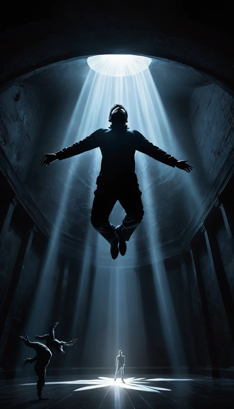 digital illustration, featuring a lateral angle of a centered silhouetted man figure Suspended in mid-air in fetal position. In the background arms of dark creatures come out the walls trying to reach the man. A beam of bright, white light shines down through the top, illuminating the center of the scene. The overall atmosphere is mysterious and otherworldly, with a stark contrast between the dark surroundings and the intense light from above. conceptual image