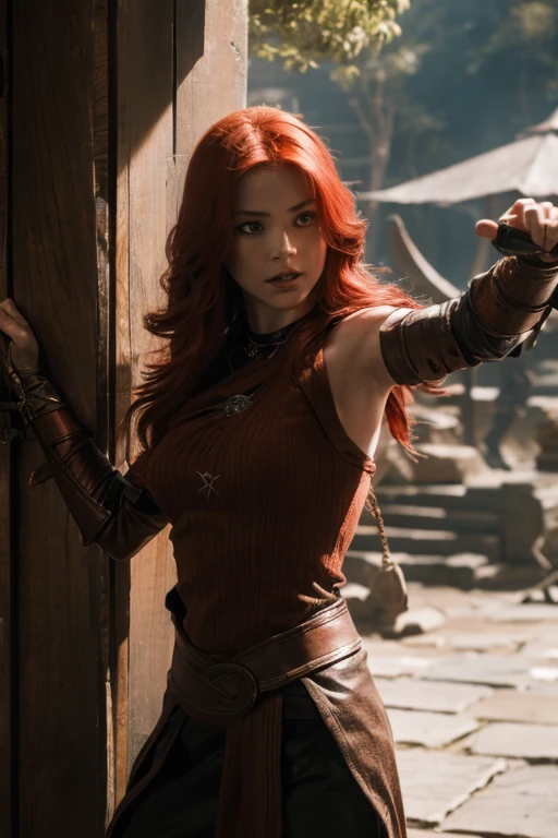 A red-haired girl wields the Heavy Thrusting Swords from within the Elden Ring in a reverse grip.