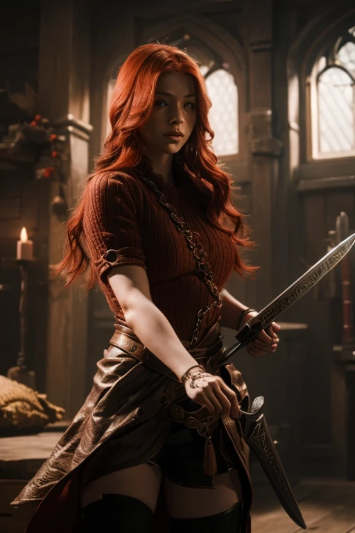 A red-haired girl wields the Heavy Thrusting Swords from within the Elden Ring in a reverse grip.