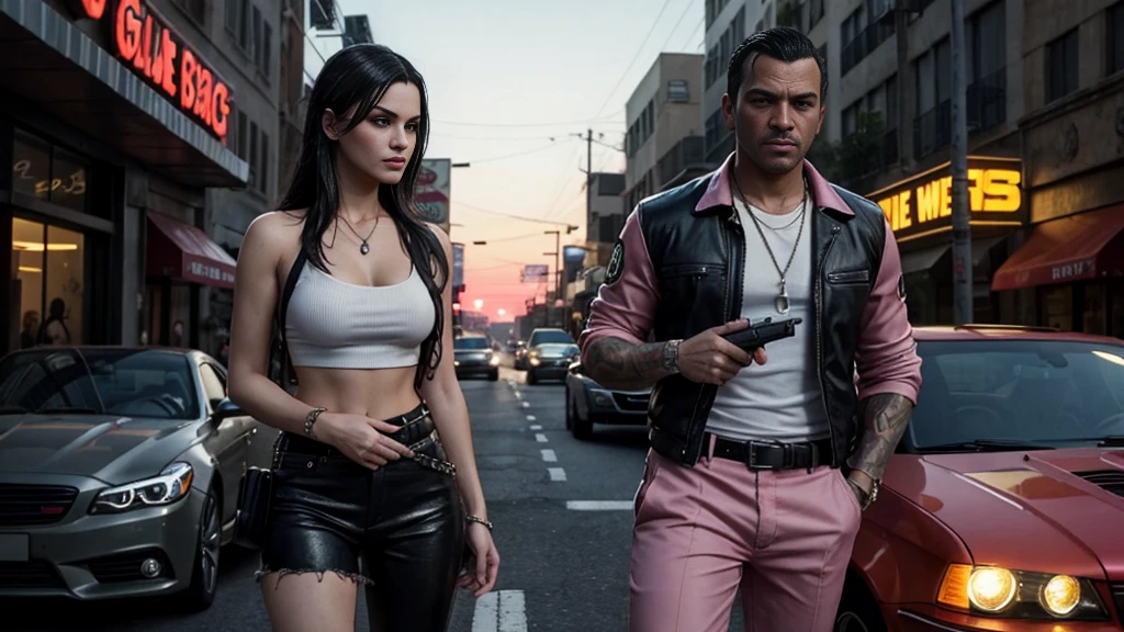 Create a highly detailed Realistic and Unreal Engine 5 like image. The image is a vibrant and dynamic promotional artwork for "Grand Theft Auto VI" (GTA VI). It features a stylized, colorful depiction of two central characters in an action-packed scene. In the foreground, a woman with long, dark hair and a determined expression is leaning over the hood of a car, holding a handgun in her right hand. She is dressed in a low-cut pink top and jewelry, exuding confidence and readiness for action. Behind her, a man with a stern face and a distinctive tattoo on his right temple stands close, also gripping a firearm. He is wearing a white shirt and black gloves, enhancing his tough, no-nonsense appearance. The background is rich with details, including palm trees, a setting sun casting an orange and pink glow, and various characters engaged in what appears to be a heist or confrontation. Some figures are holding guns and are dressed in suits, adding to the chaotic and intense atmosphere. The "Grand Theft Auto VI" title is prominently displayed in the top right corner, with the iconic font and style associated with the series. The overall art style is reminiscent of the vibrant, exaggerated aesthetics typical of the "Grand Theft Auto" series, capturing the excitement and action of the game.