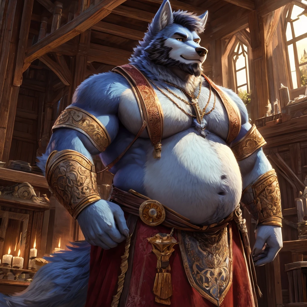 ((best quality)), ((masterpiece)), (Ultra detailed), ((4k)) Solo , Anthro Wolf , Light Blue Fur , Short Hair , Beard , Middle Ages , Big Pecs , Fat Belly