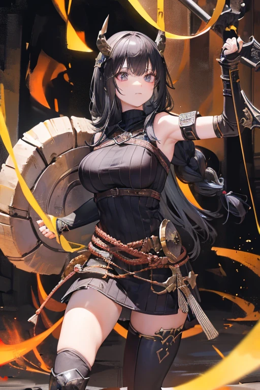 A black-haired girl wears viking helmet wields the Heavy Thrusting Swords from within the Elden Ring in a reverse grip.