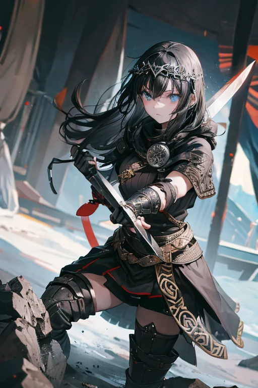 A black-haired girl wears viking helmet wields the Heavy Thrusting Swords from within the Elden Ring in a reverse grip.
