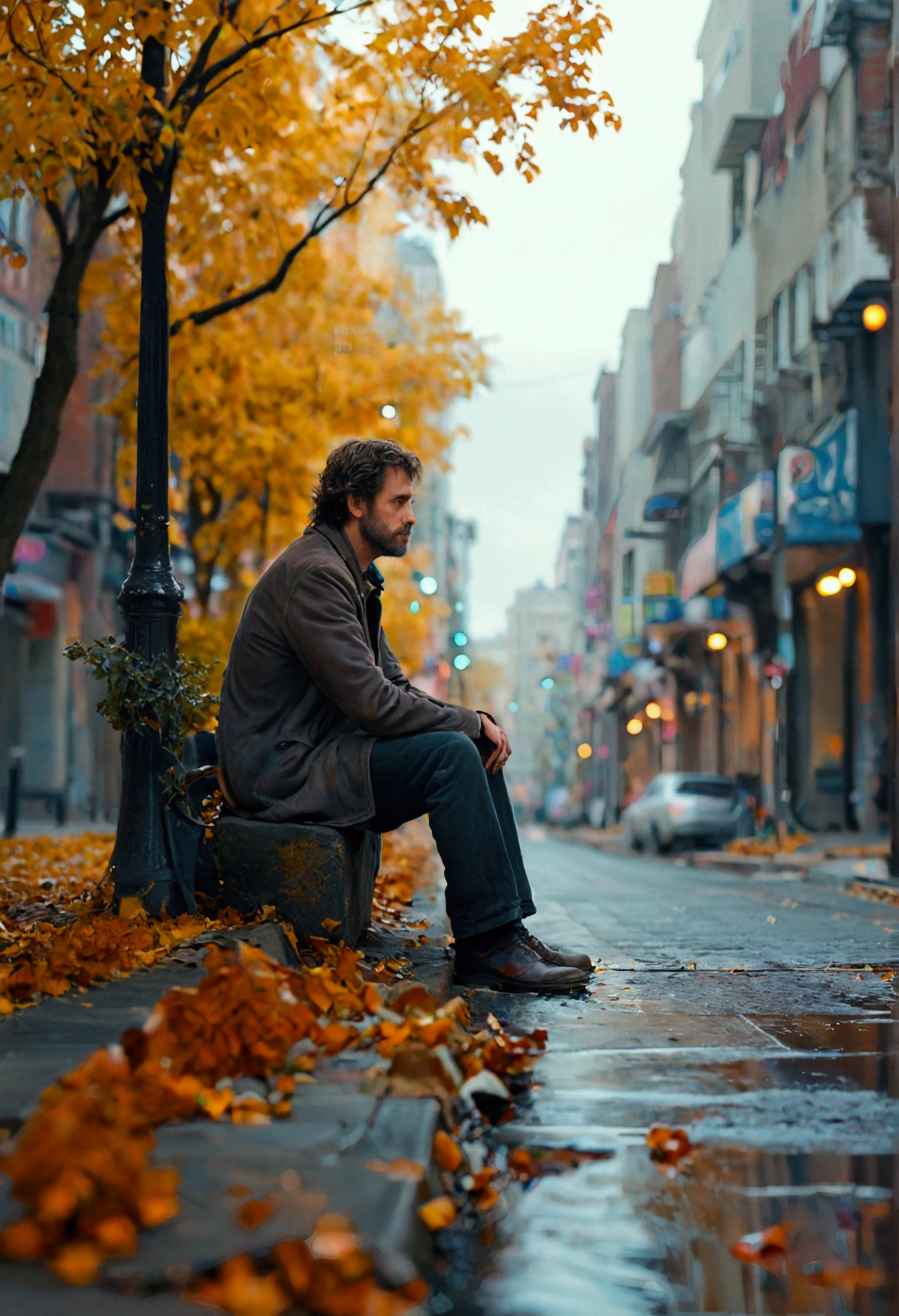 Draw a lone man sitting on a curb in an empty city