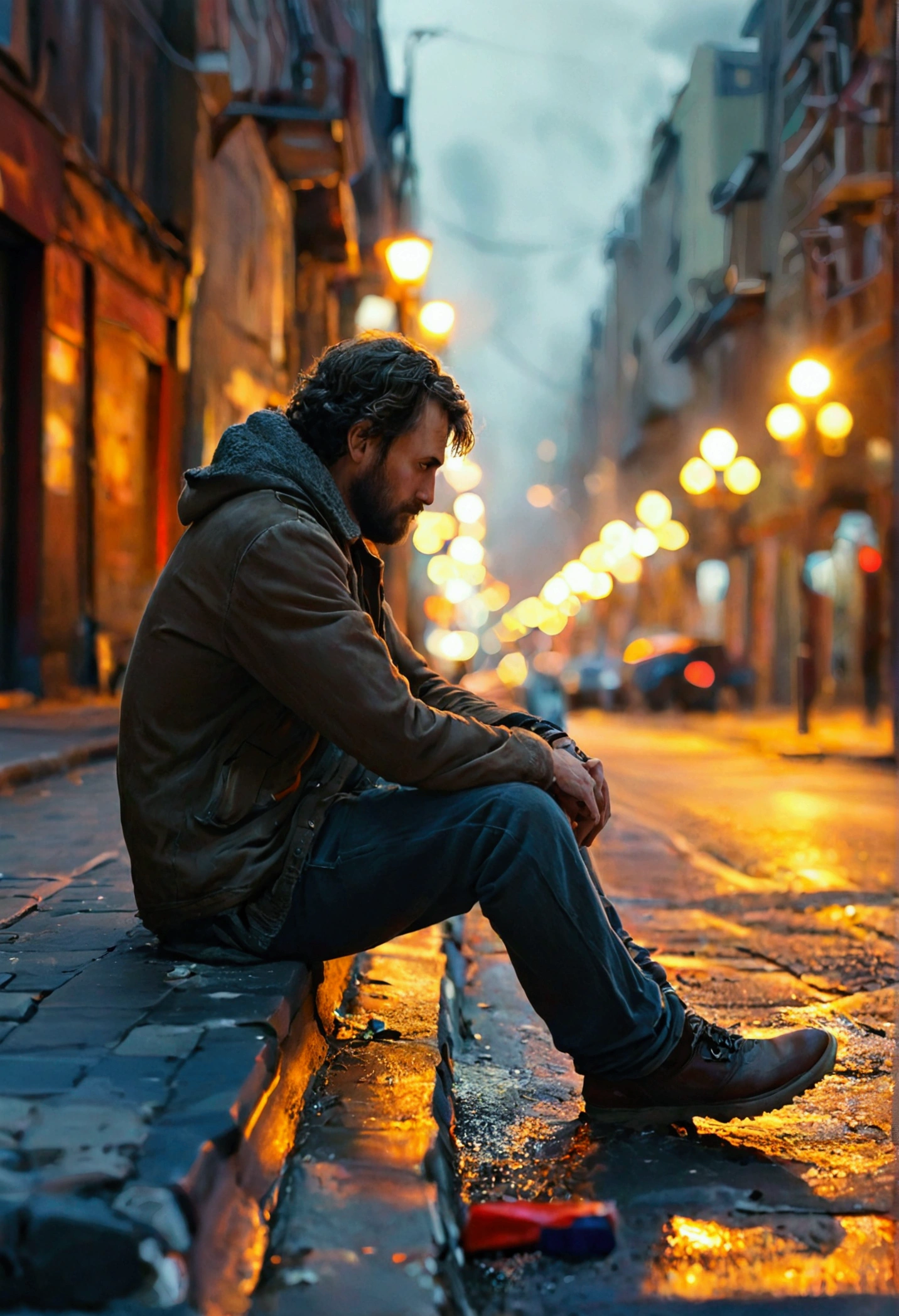 Draw a lone man sitting on a curb in an empty city