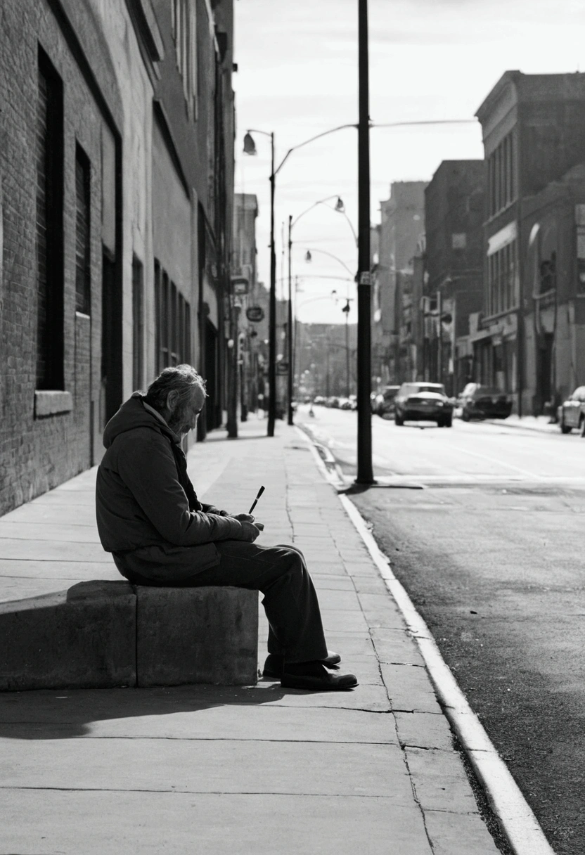 Draw a lone man sitting on a curb in an empty city