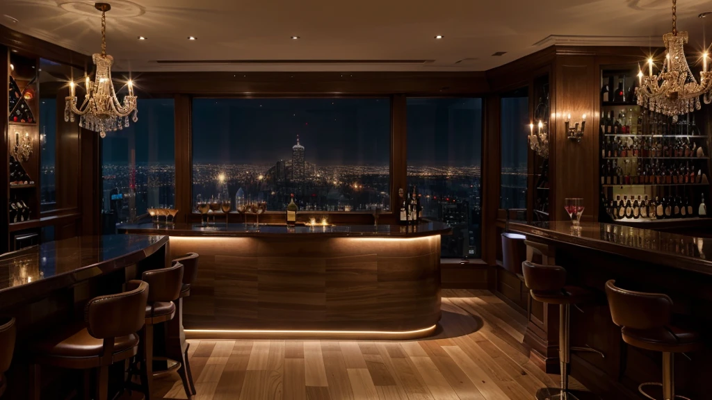 luxury modern beige bar night city view from a large windows
wine cellar, warm wood, chandelier