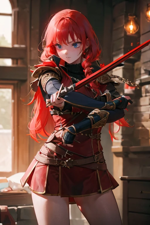 A red-haired girl wields the Heavy Thrusting Swords from within the Elden Ring in a reverse grip.