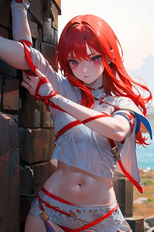 A red-haired girl wields the Heavy Thrusting Swords from within the Elden Ring in a reverse grip.