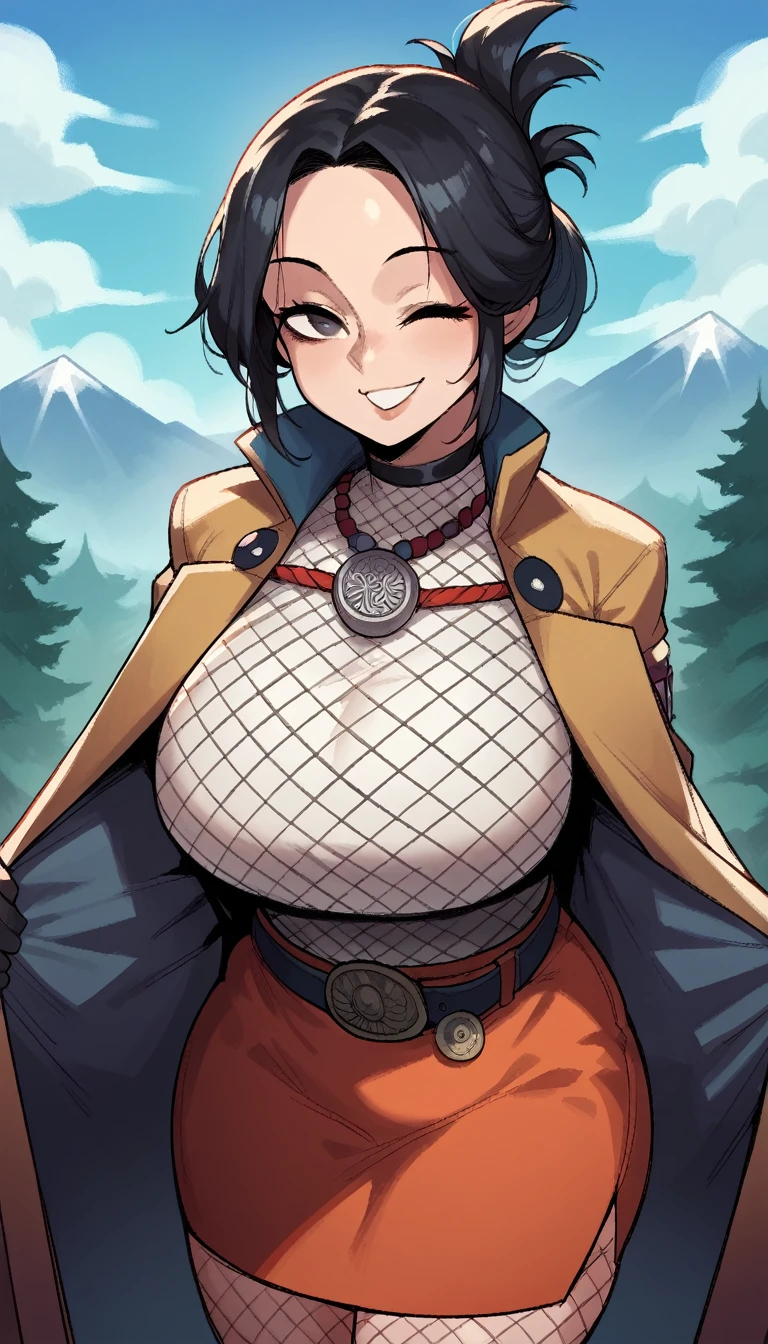 score_9, score_8_up, score_7_up, score_6_up, source_anime, 1girl, solo, folded ponytail, black hair, forehead protector, necklace, fishnet bodysuit, belt, orange skirt, coat, big breasts, blue sky, mountains, forest, looking at you, japanese architecture, smile, wink, upper body, leaning forward