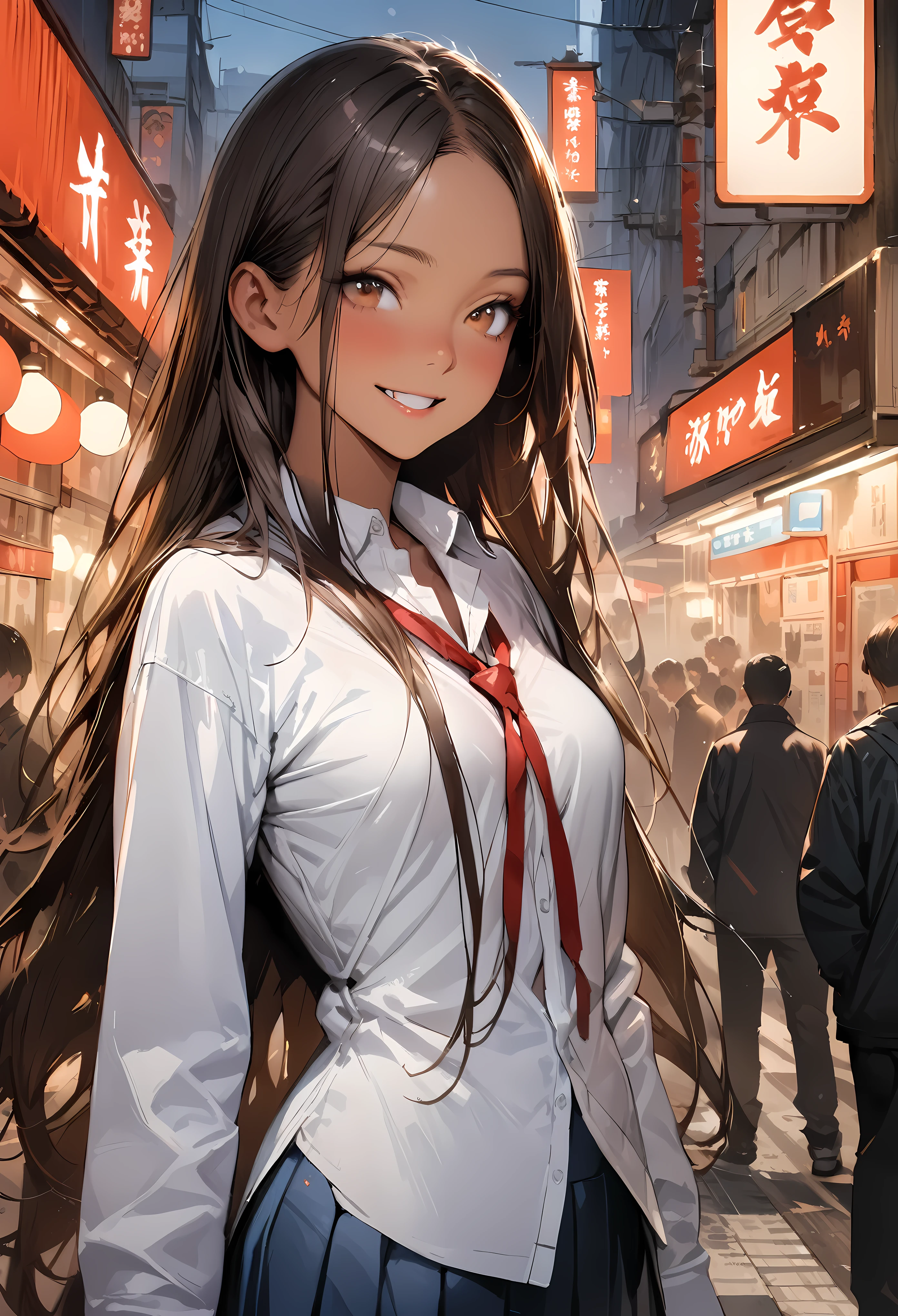 ((masterpiece,Highest quality:1.3,best quality illustration,realistic:1.4)),cowboy shot,solo,1woman,(18-year-old、Japanese Beauty)、brown hair,long hair,(center parted bangs),brown eyes,gorgeous eyes,((very small head:1.3)),smile,,((very long body:1.2,skinny)),medium breasts,(tan skin:1.5),(School student uniform、Red ribbon tie、White collared shirt、Long sleeve navy blue pleated mini skirt),gleaming skin,toned body,slender body,on street,Shibuya Station、