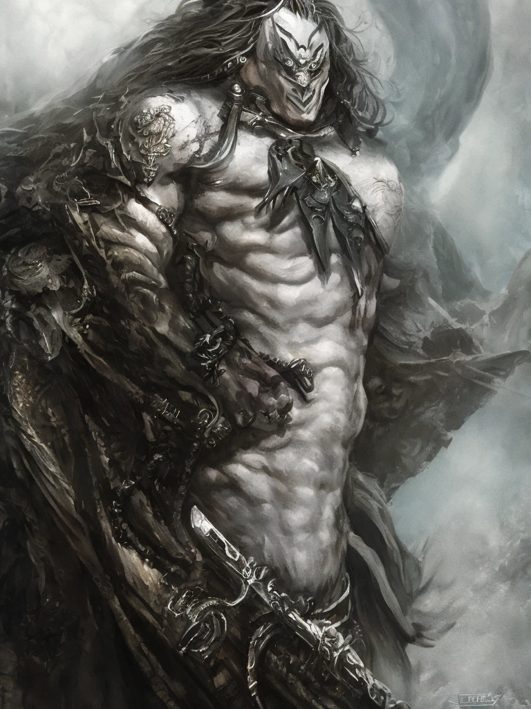 Close-up of a handsome but creepy angel from hell, on a battlefield, wearing intricate dark armor, horror concept art, dark fairytale atmosphere, Johan Grenier style, Alyssa Monks style