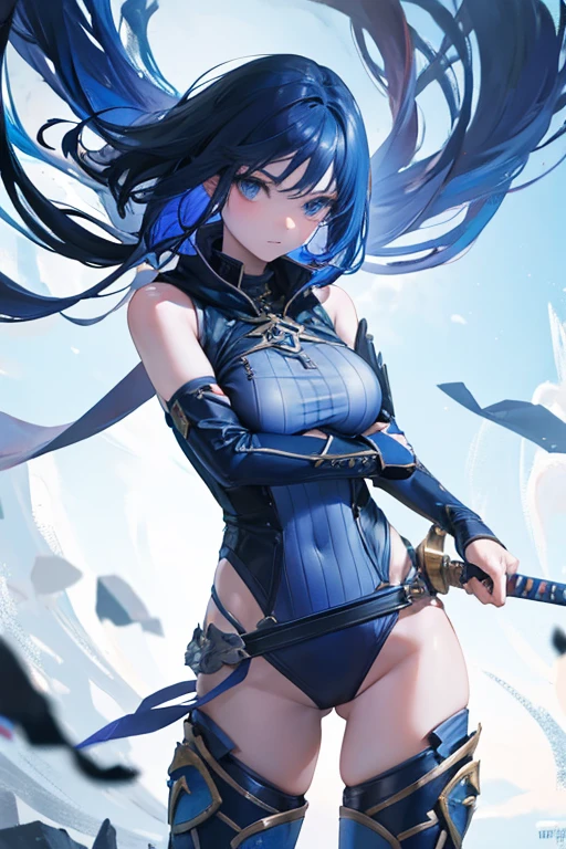 A deep blue-haired girl wields the Heavy Thrusting Swords from within the Elden Ring in a reverse grip.
