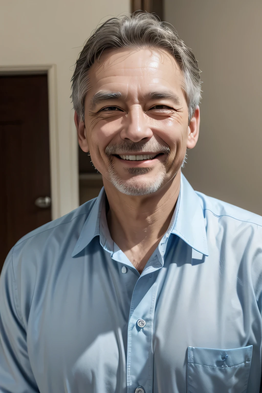 create a smiling man, approximately 50 years old, light blue dress shirt