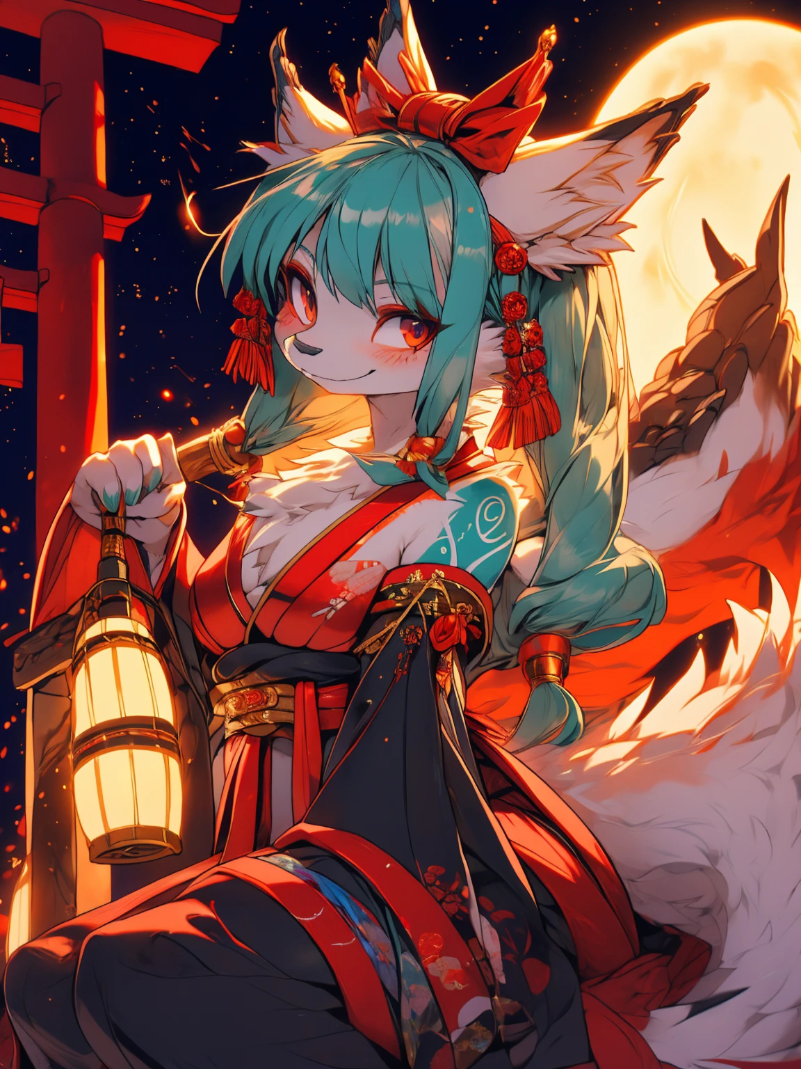 Miku Hatsune, add high definition_detail:1, blue fur,kitsune ears, tribal tattoo add_detail:1, showing off her beautiful figure, japanese shrine costume outfit, japanese magical shrine add_detail, Eclipse solar, smiling add_detail:1