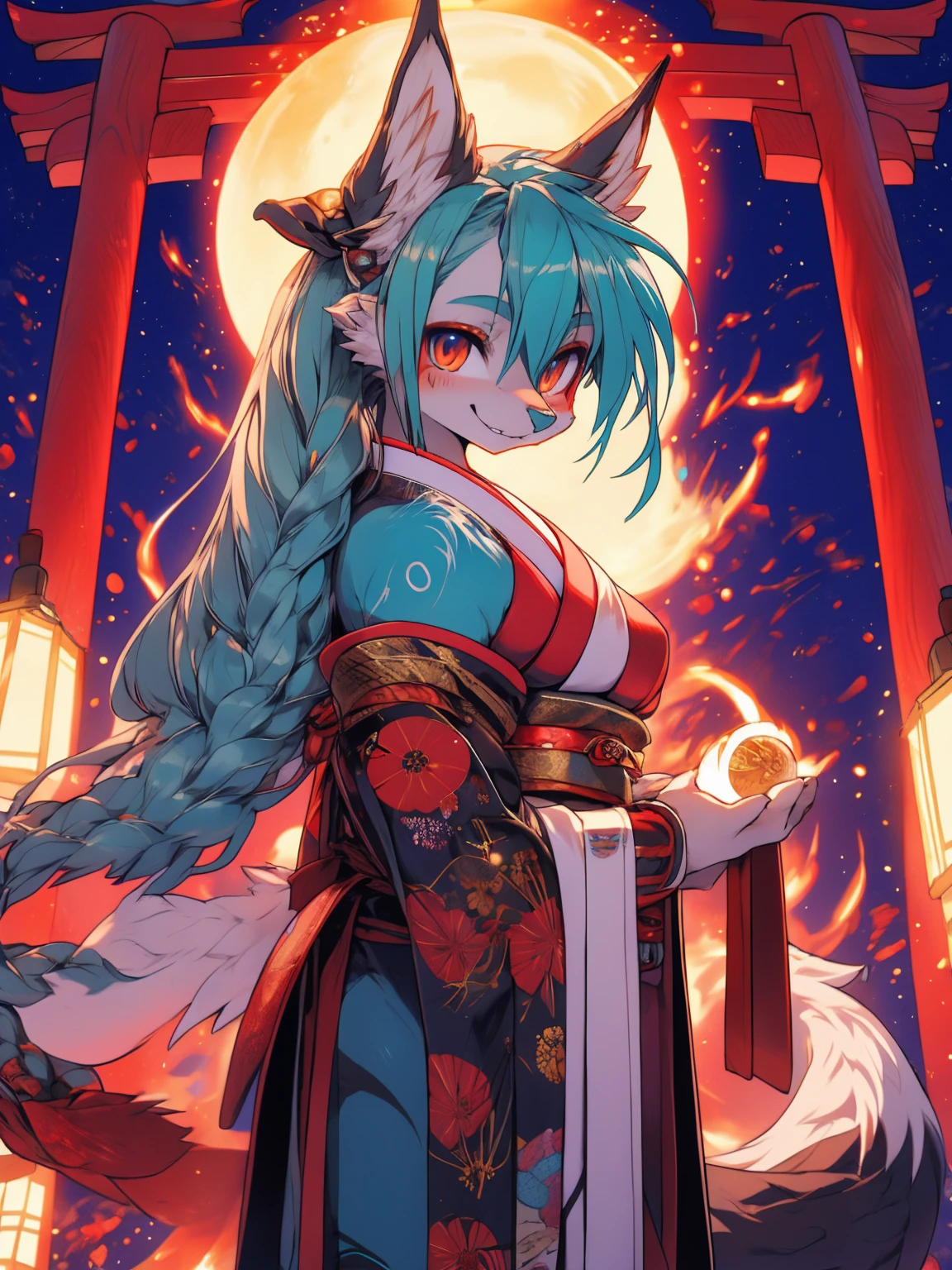 Miku Hatsune, add high definition_detail:1, blue fur,kitsune ears, tribal tattoo add_detail:1, showing off her beautiful figure, japanese shrine costume outfit, japanese magical shrine add_detail, Eclipse solar, smiling add_detail:1