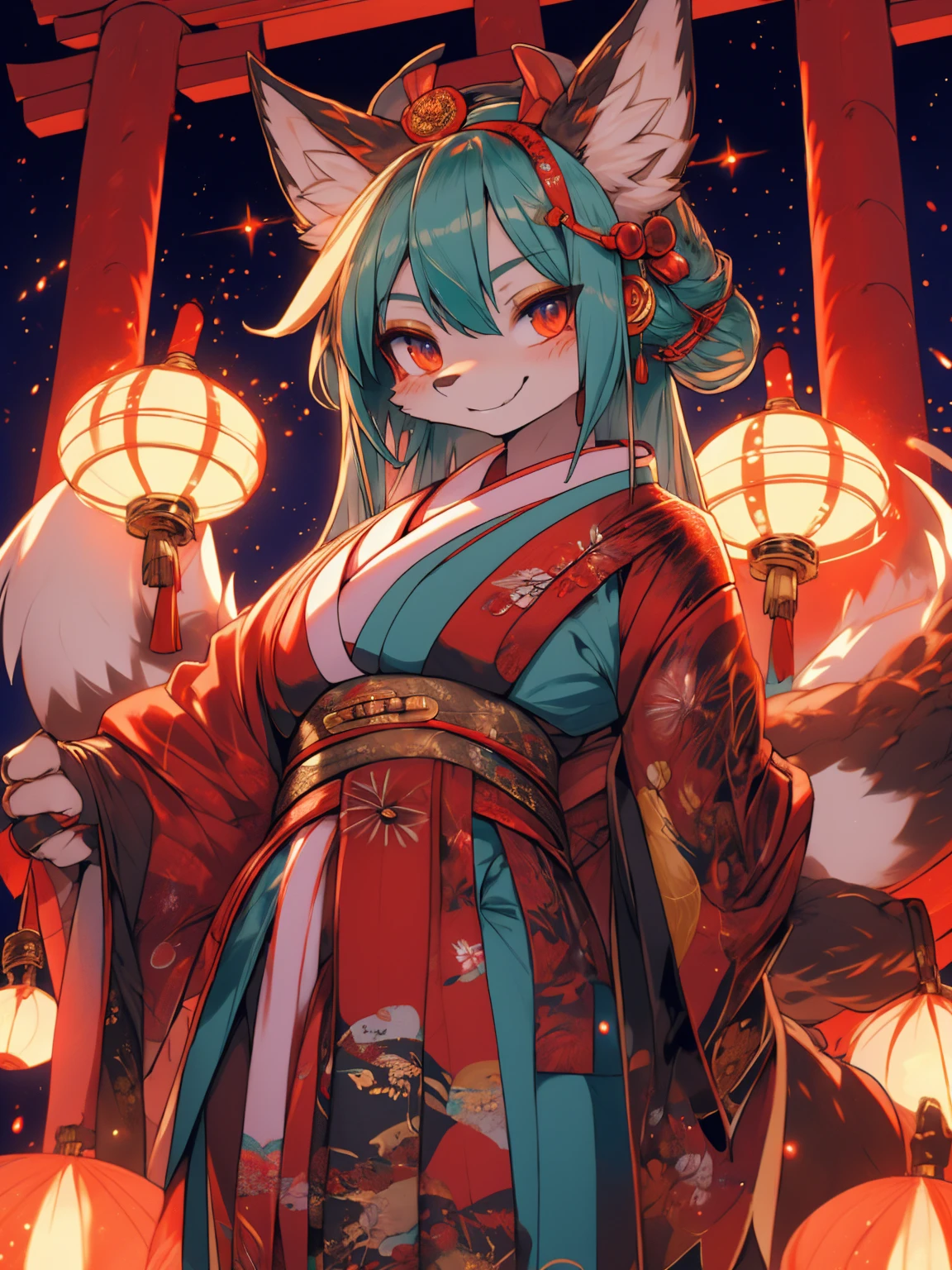 Miku Hatsune, add high definition_detail:1, blue fur,kitsune ears, tribal tattoo add_detail:1, showing off her beautiful figure, japanese shrine costume outfit, japanese magical shrine add_detail, Eclipse solar, smiling add_detail:1