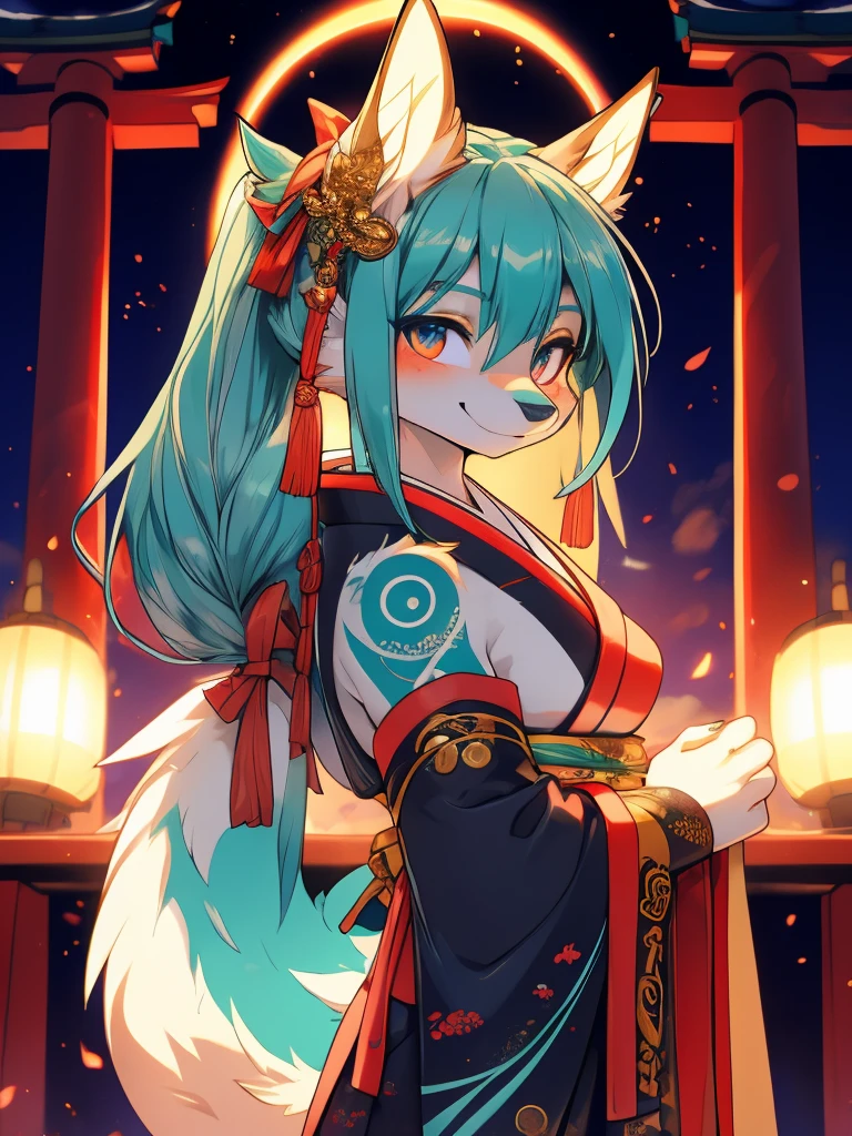 Miku Hatsune, add high definition_detail:1, blue fur,kitsune ears, tribal tattoo add_detail:1, showing off her beautiful figure, japanese shrine costume outfit, japanese magical shrine add_detail, Eclipse solar, smiling add_detail:1, magic aura