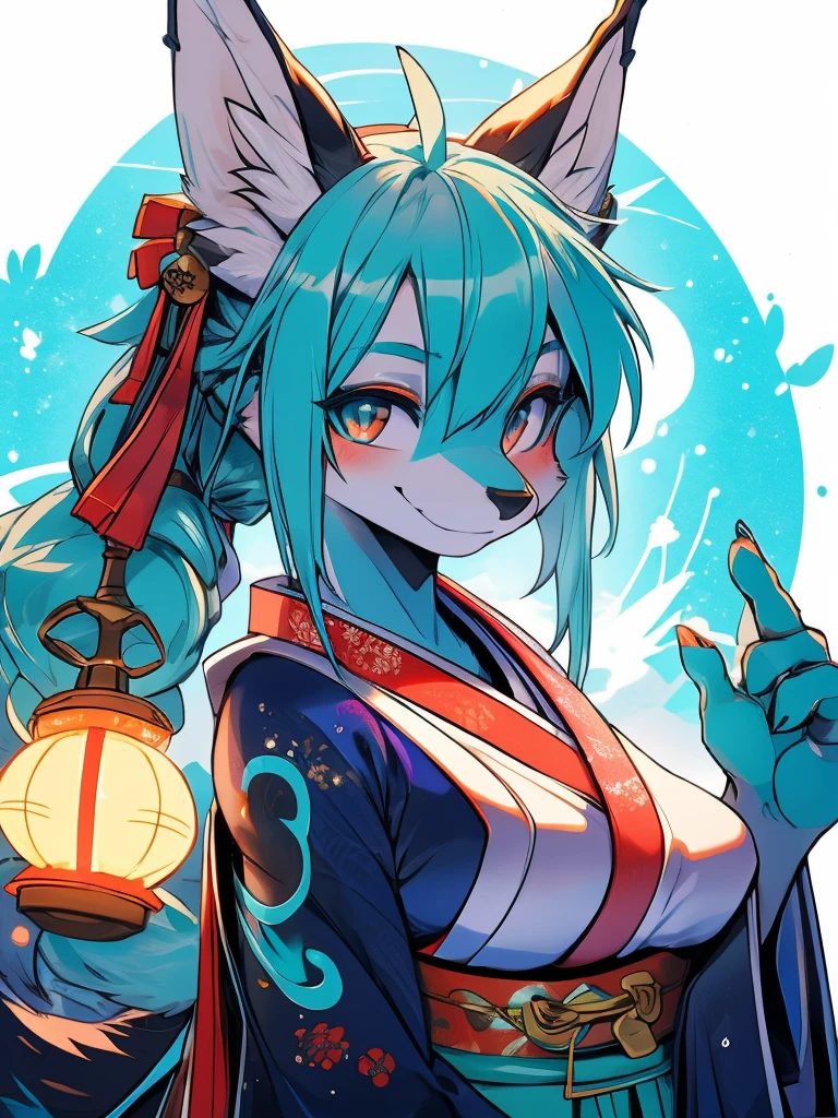 Miku Hatsune, add high definition_detail:1, blue fur,kitsune ears, tribal tattoo add_detail:1, showing off her beautiful figure, japanese shrine costume outfit, japanese magical shrine add_detail, Eclipse solar, smiling add_detail:1,  magic aura