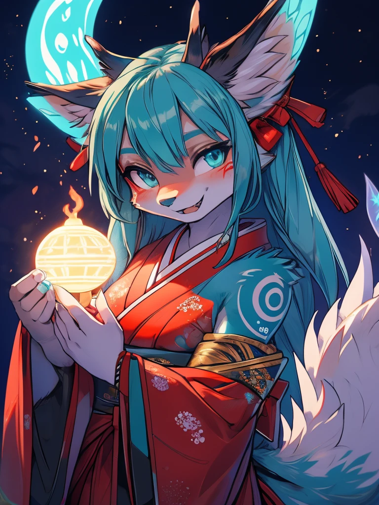 Miku Hatsune, add high definition_detail:1, blue fur,kitsune ears, tribal tattoo add_detail:1, showing off her beautiful figure, japanese shrine costume outfit, japanese magical shrine add_detail, Eclipse solar, smiling add_detail:1,  magic aura