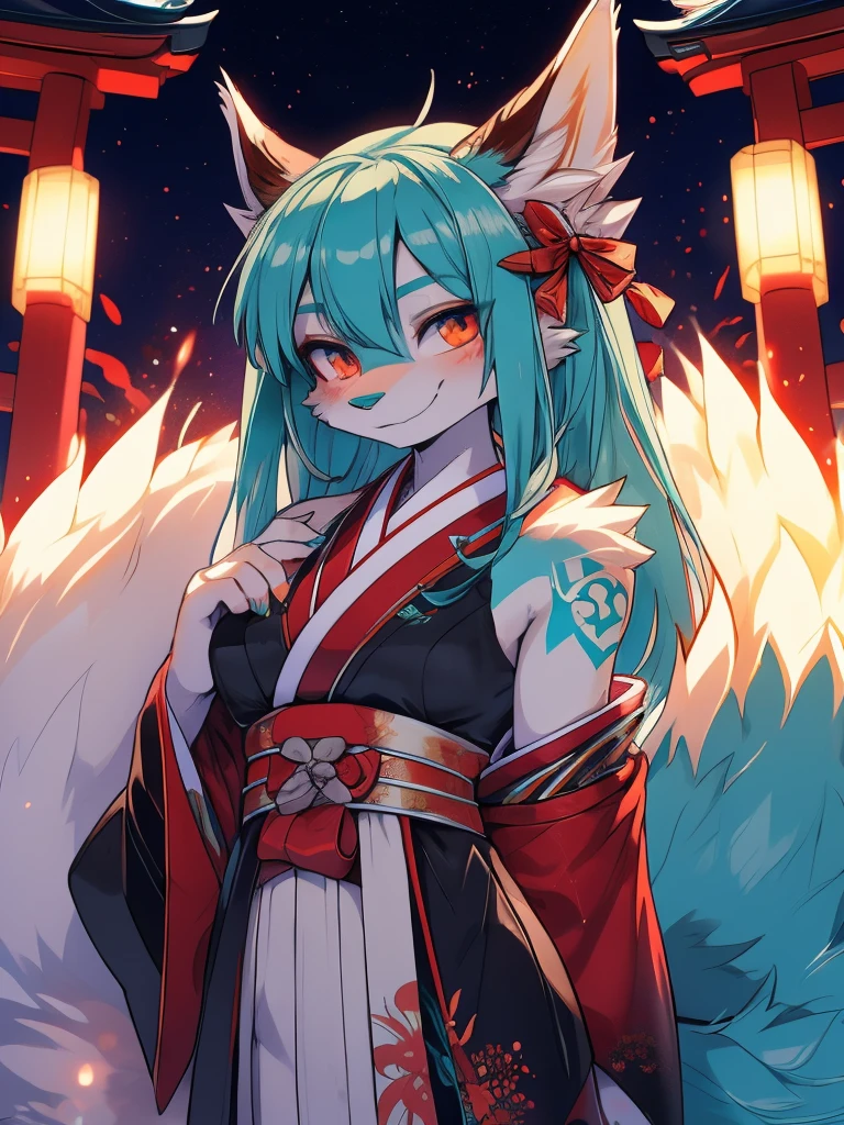Miku Hatsune, add high definition_detail:1, blue fur,kitsune ears, tribal tattoo add_detail:1, showing off her beautiful figure, japanese shrine costume outfit, japanese magical shrine add_detail, Eclipse solar, smiling add_detail:1, magic aura