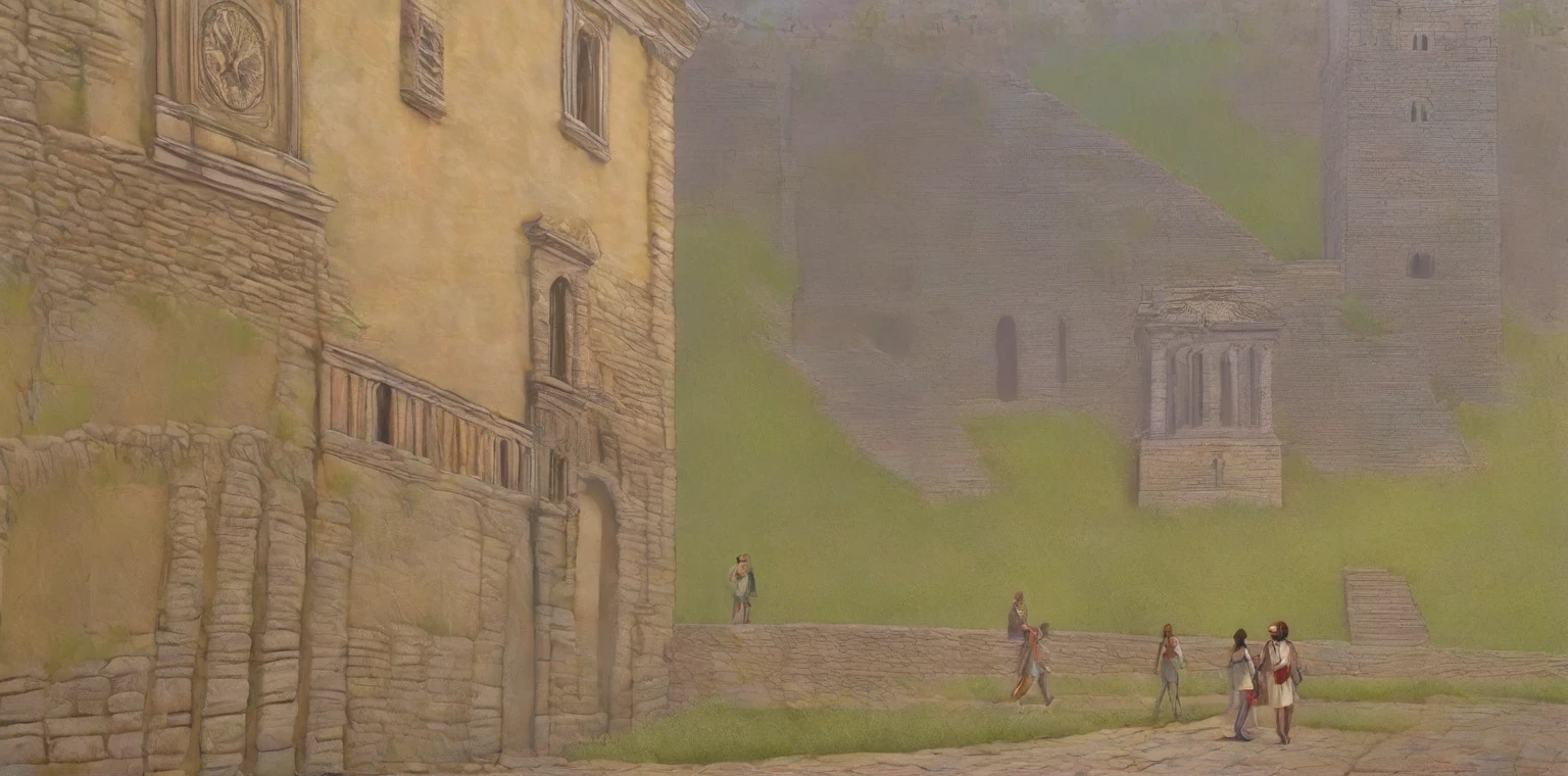 people walking on a path in front of a building with a clock tower, by Romano Vio, 🪔 🎨;🌞🌄, by Tom Wänerstrand, ruins in the background, eternal city, 🕹️ 😎 🔫 🤖 🚬, ancient ruins in the background, city ruins in the background, at an ancient city, ruins around