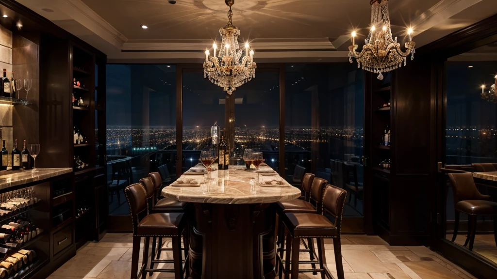 luxury modern large bar night city view from a large windows
wine cellar, warm wood, marble, chandelier