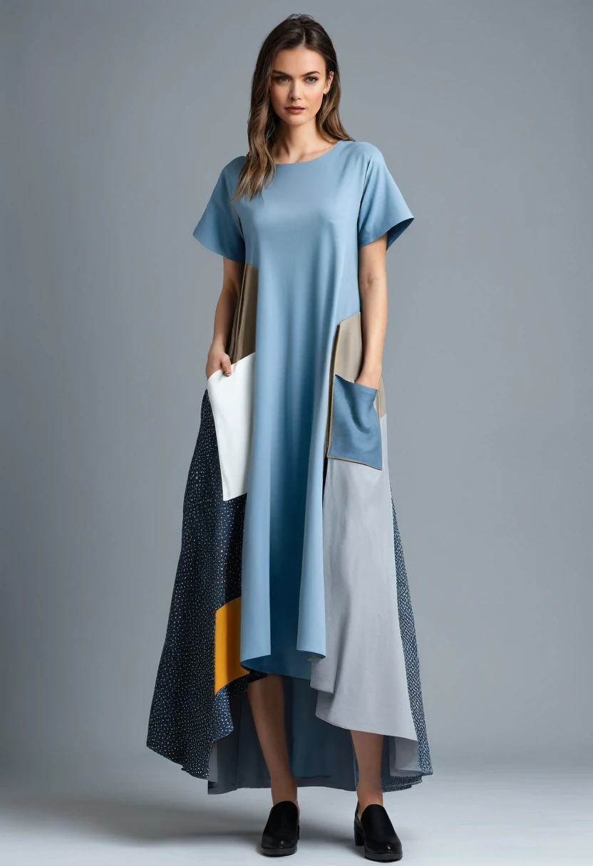 full-length ,dress with unusual cuts, a mix of different fabrics, and the use of unconventional colors like light blue or gray. Featuring modern details like pockets or multi-layered skirts.