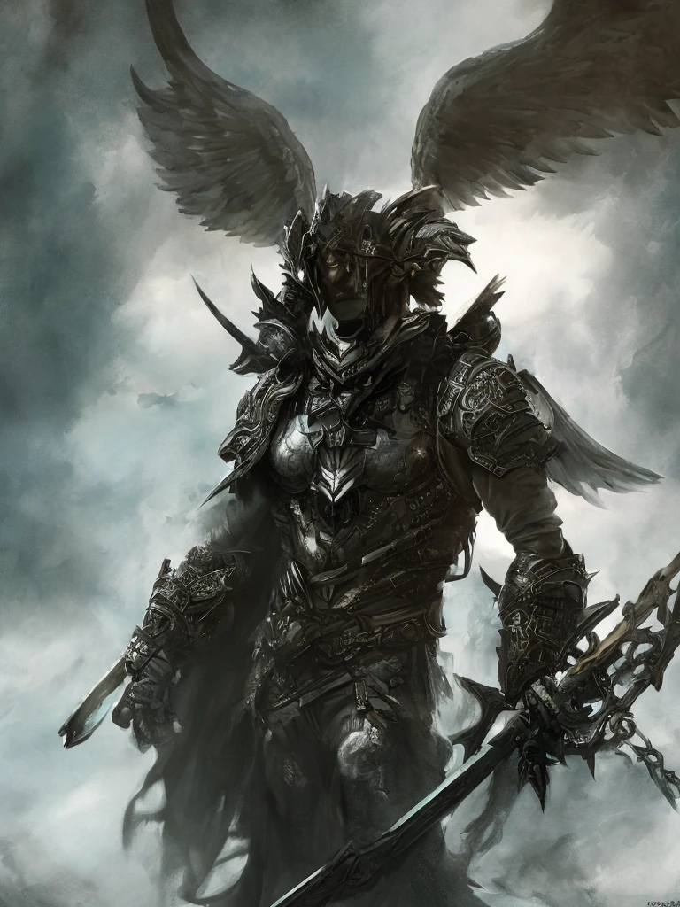 Close-up of a handsome fallen angel, on a battlefield, wearing intricate dark armor, horror concept art, dark fairytale atmosphere, Johan Grenier style, Alyssa Monks style