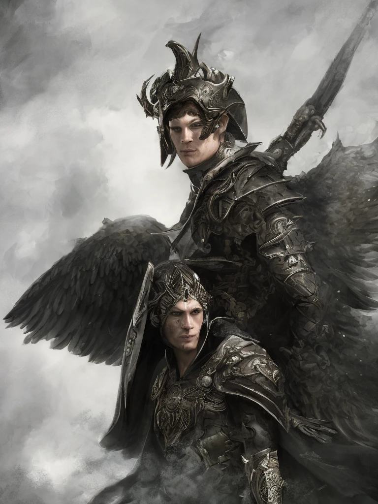 Close-up of a handsome fallen angel, on a battlefield, wearing intricate dark armor, horror concept art, dark fairytale atmosphere, Johan Grenier style, Alyssa Monks style