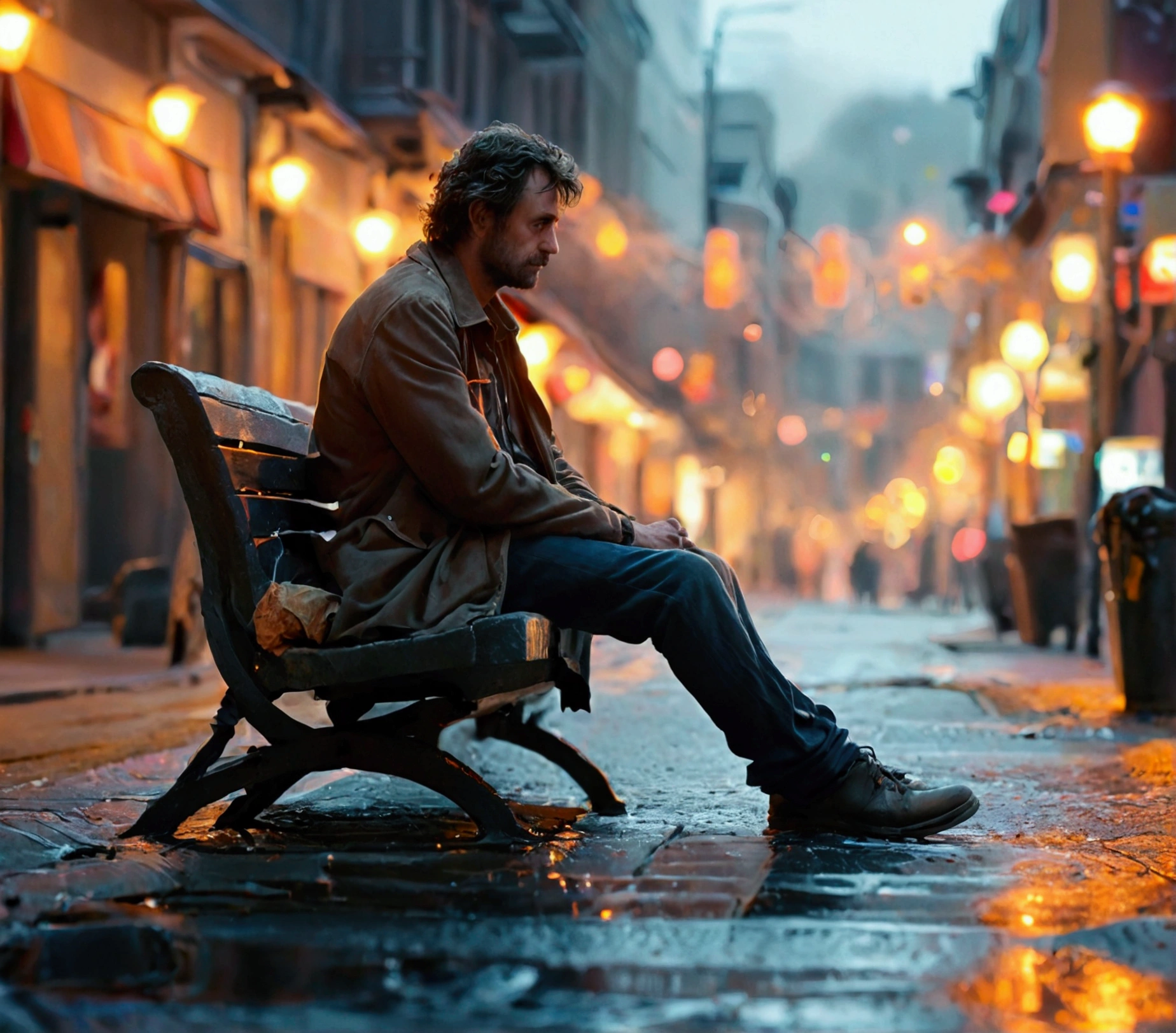 Draw a lone man sitting on a curb in an empty city