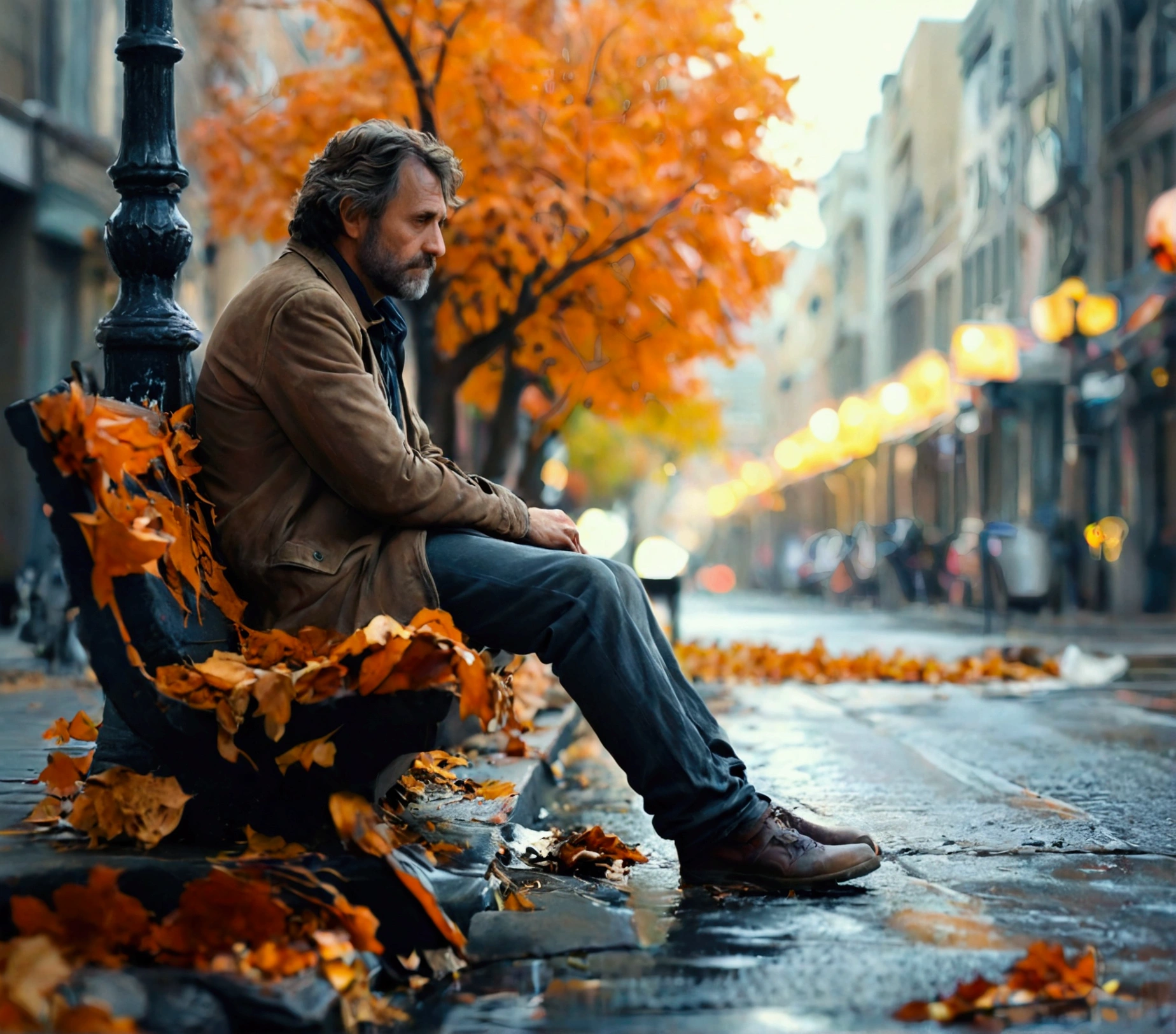 Draw a lone man sitting on a curb in an empty city