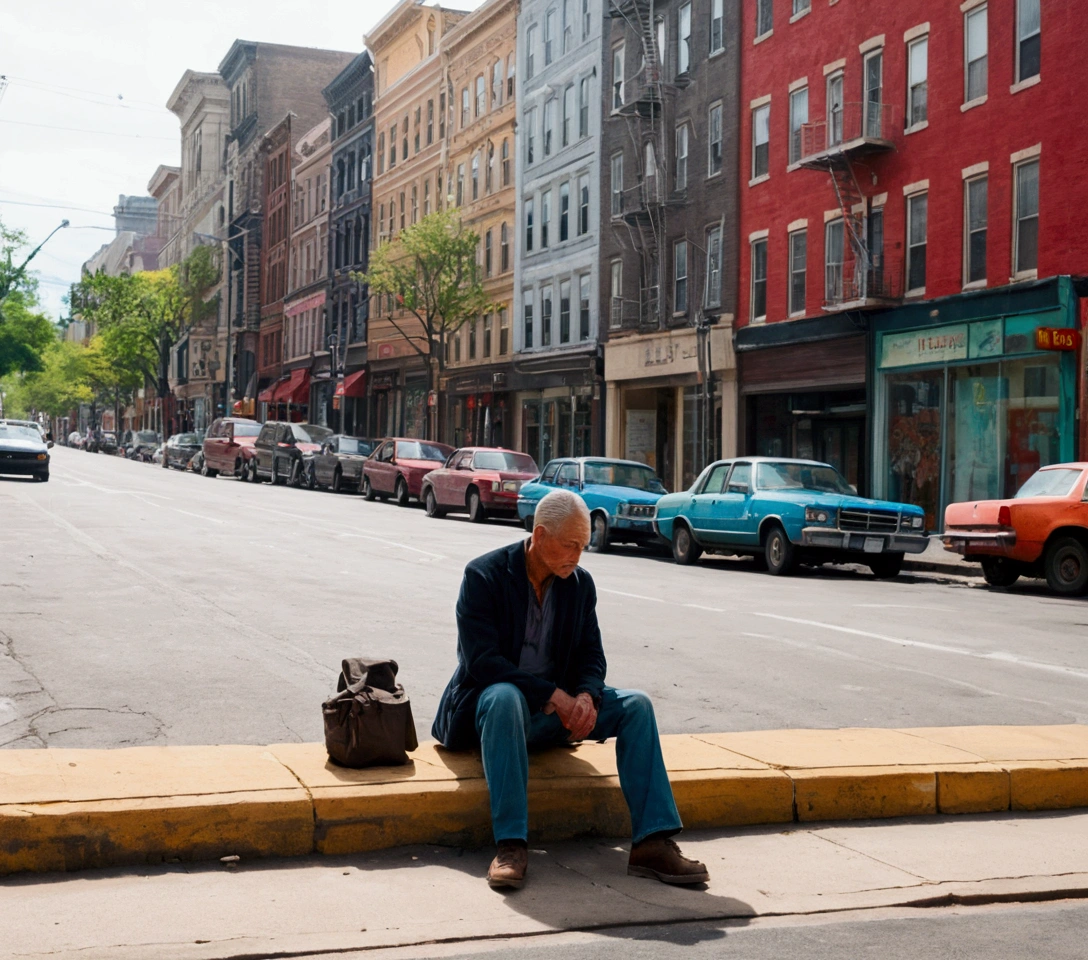 Draw a lone man sitting on a curb in an empty city