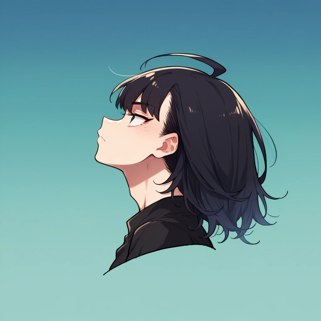 Anime KNY, shorth hair,  profile posing, blue gradient black hair, Grinning, black leagwear, japanese kaori. Kizi 