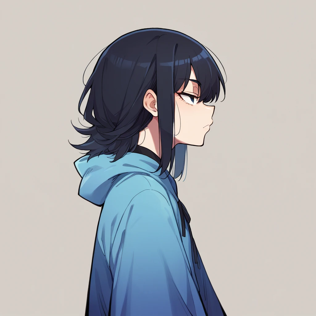 Anime KNY, shorth hair,  profile posing, blue gradient black hair, Grinning, black leagwear, japanese kaori. Kizi 