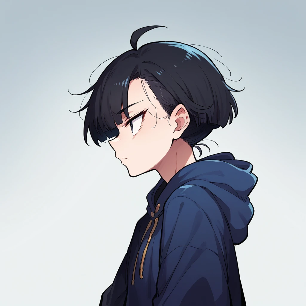 Anime KNY, shorth hair,  profile posing, blue gradient black hair, Grinning, black leagwear, japanese kaori. Kizi 