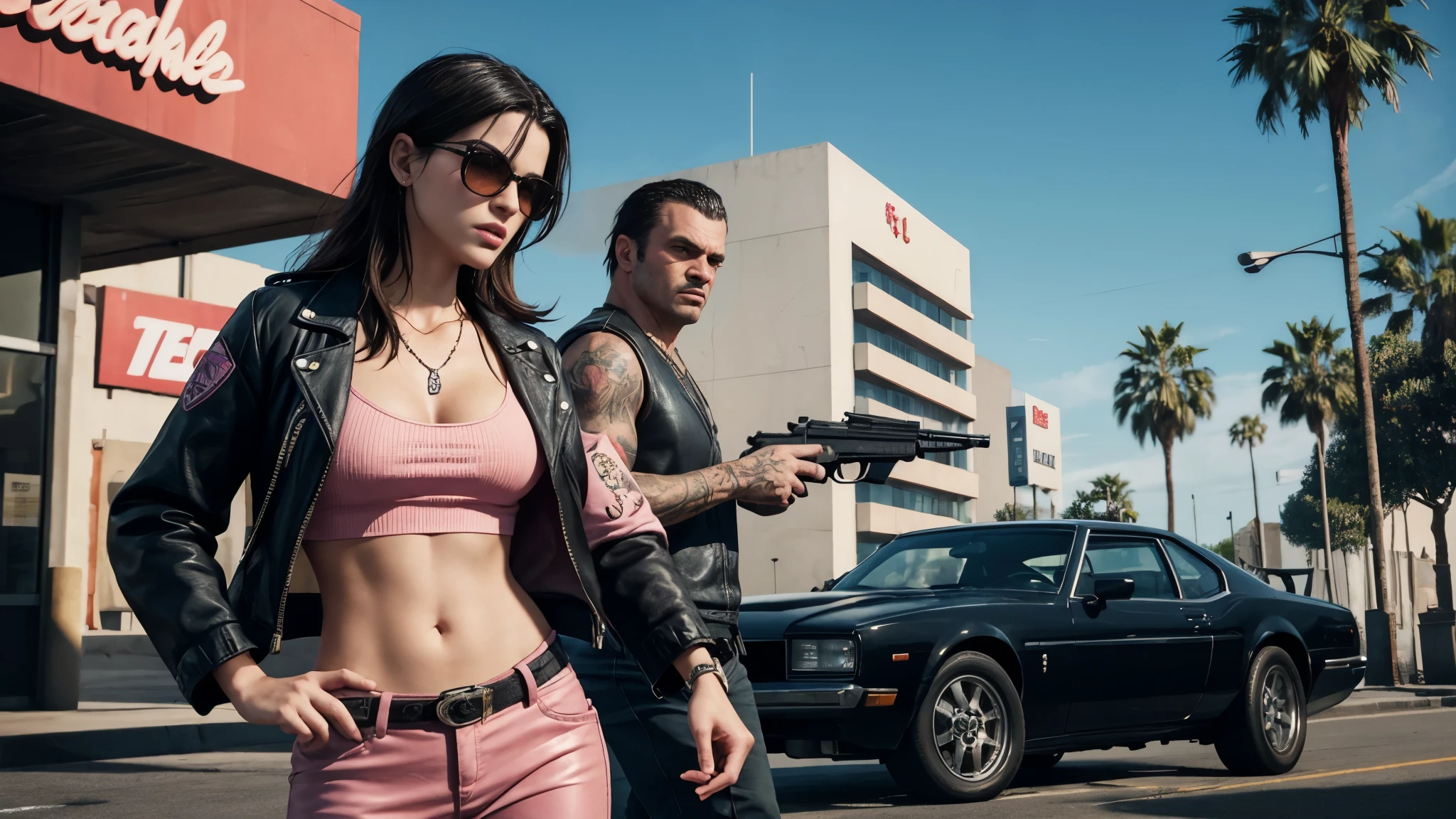 Create a highly detailed Realistic and Unreal Engine 5 like image. The image is a vibrant and dynamic promotional artwork for "Grand Theft Auto VI" (GTA VI). It features a stylized, colorful depiction of two central characters in an action-packed scene. In the foreground, a woman with long, dark hair and a determined expression is leaning over the hood of a car, holding a handgun in her right hand. She is dressed in a low-cut pink top and jewelry, exuding confidence and readiness for action. Behind her, a man with a stern face and a distinctive tattoo on his right temple stands close, also gripping a firearm. He is wearing a white shirt and black gloves, enhancing his tough, no-nonsense appearance. The background is rich with details, including palm trees, a setting sun casting an orange and pink glow, and various characters engaged in what appears to be a heist or confrontation. Some figures are holding guns and are dressed in suits, adding to the chaotic and intense atmosphere. The "Grand Theft Auto VI" title is prominently displayed in the top right corner, with the iconic font and style associated with the series. The overall art style is reminiscent of the vibrant, exaggerated aesthetics typical of the "Grand Theft Auto" series, capturing the excitement and action of the game.