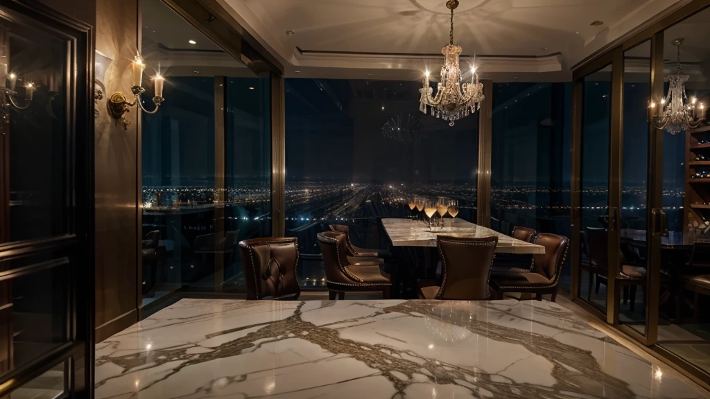 luxury modern beige bar night city view from a large windows
wine cellar, warm wood, marble, chandelier