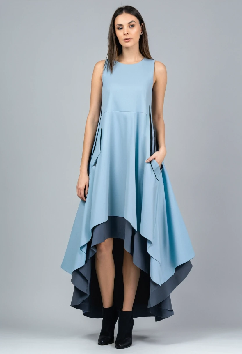 full-length ,dress with unusual cuts, a mix of different fabrics, and the use of unconventional colors like light blue or gray. Featuring modern details like pockets or multi-layered skirts.