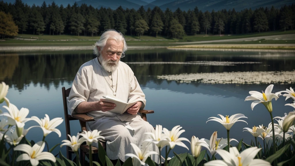 "Draw an elderly, frail poet sitting by a lake at dusk. His expression is serene and contemplative, and he is surrounded by a soft, colorful glow emanating from his verses written on parchment all around him. In the background, fields of white lilies symbolizing purity and serenity."